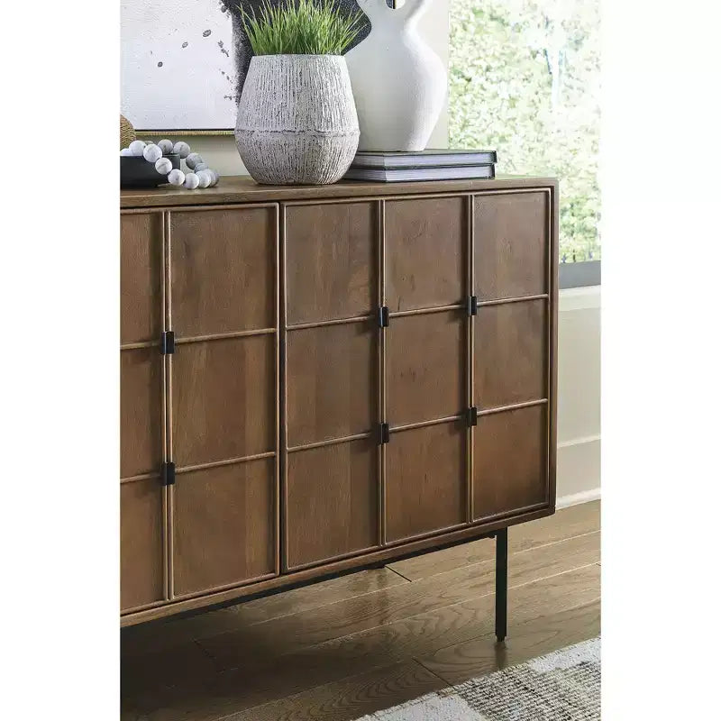 Signature Design by Ashley Juddins Accent Cabinet, Solid Mango Wood Storage Console with Carved Doors, Brown