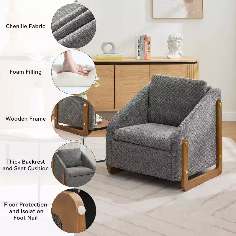 MAYEERTY Chenille Upholstered Armchair, Wooden Side Frame Cushioned Seat, Living Room Bedroom, Beige
