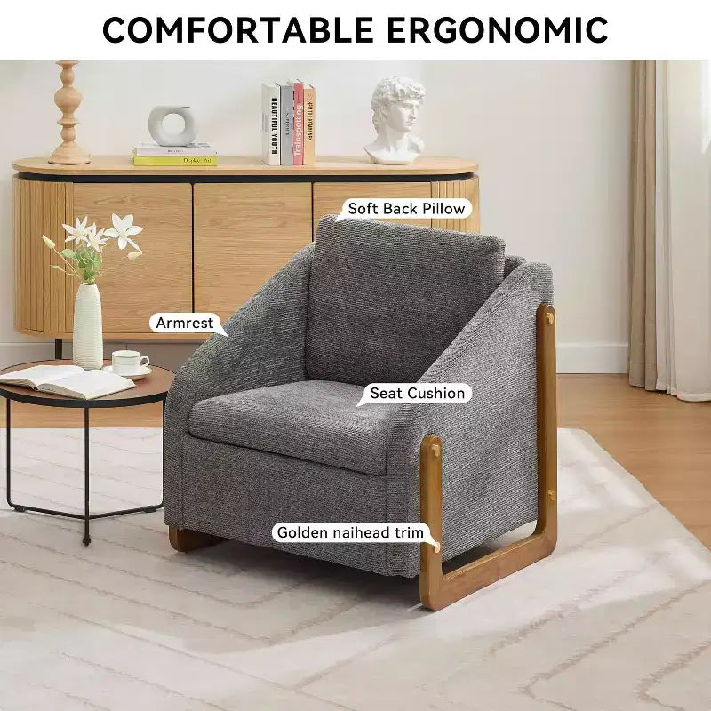 MAYEERTY Chenille Upholstered Armchair, Wooden Side Frame Cushioned Seat, Living Room Bedroom, Beige