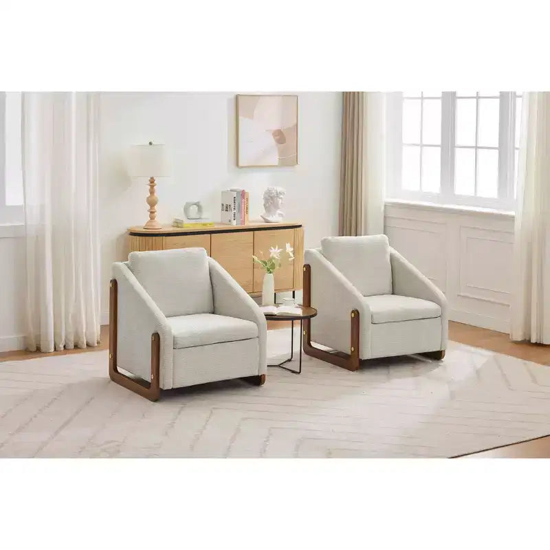 MAYEERTY Chenille Upholstered Armchair, Wooden Side Frame Cushioned Seat, Living Room Bedroom, Beige