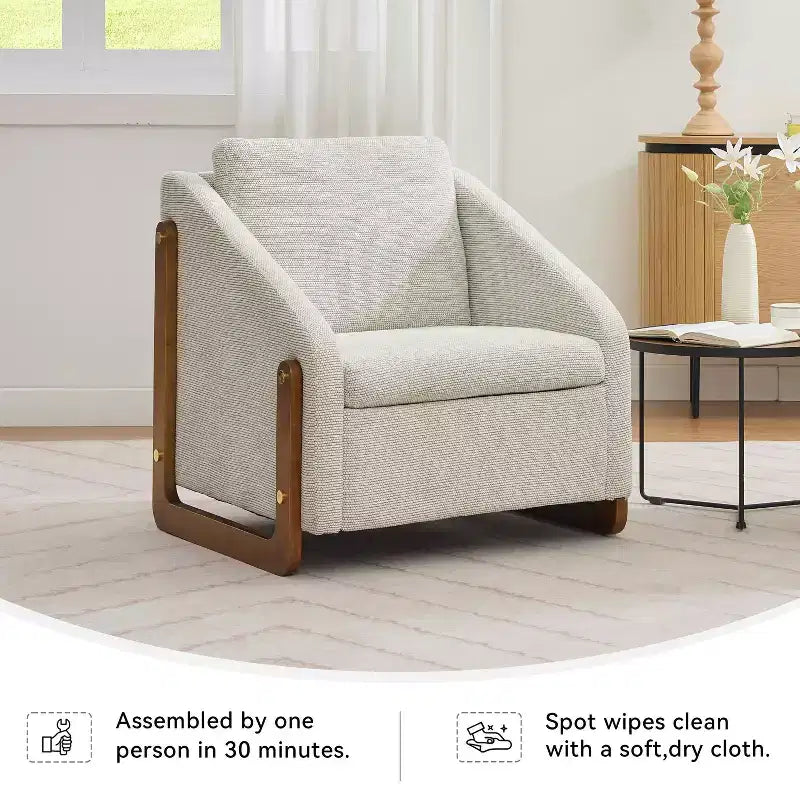 MAYEERTY Chenille Upholstered Armchair, Wooden Side Frame Cushioned Seat, Living Room Bedroom, Beige
