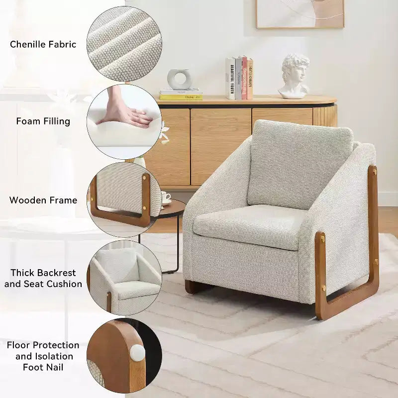 MAYEERTY Chenille Upholstered Armchair, Wooden Side Frame Cushioned Seat, Living Room Bedroom, Beige