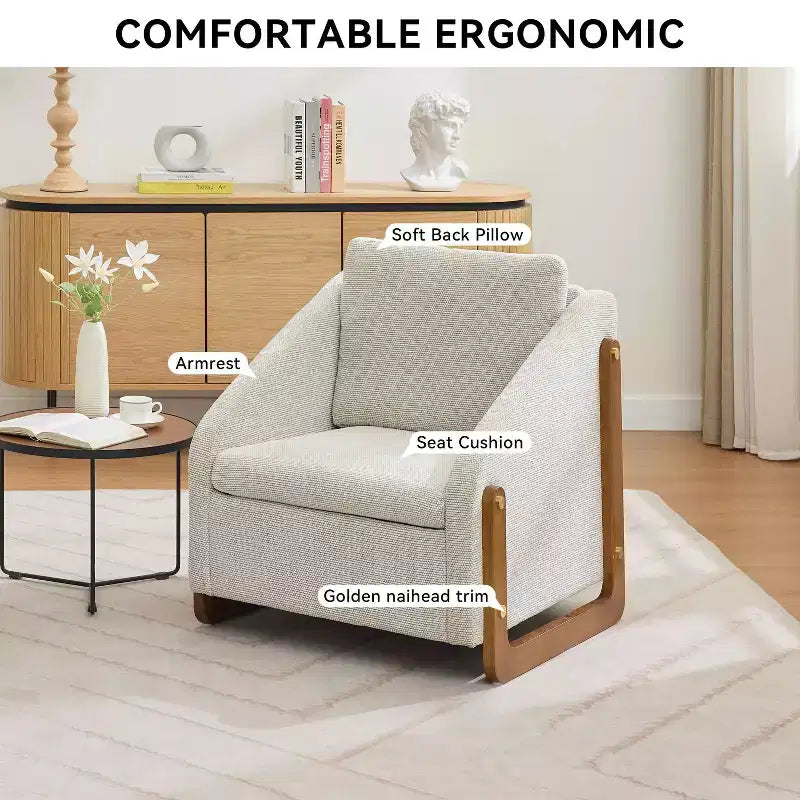 MAYEERTY Chenille Upholstered Armchair, Wooden Side Frame Cushioned Seat, Living Room Bedroom, Beige