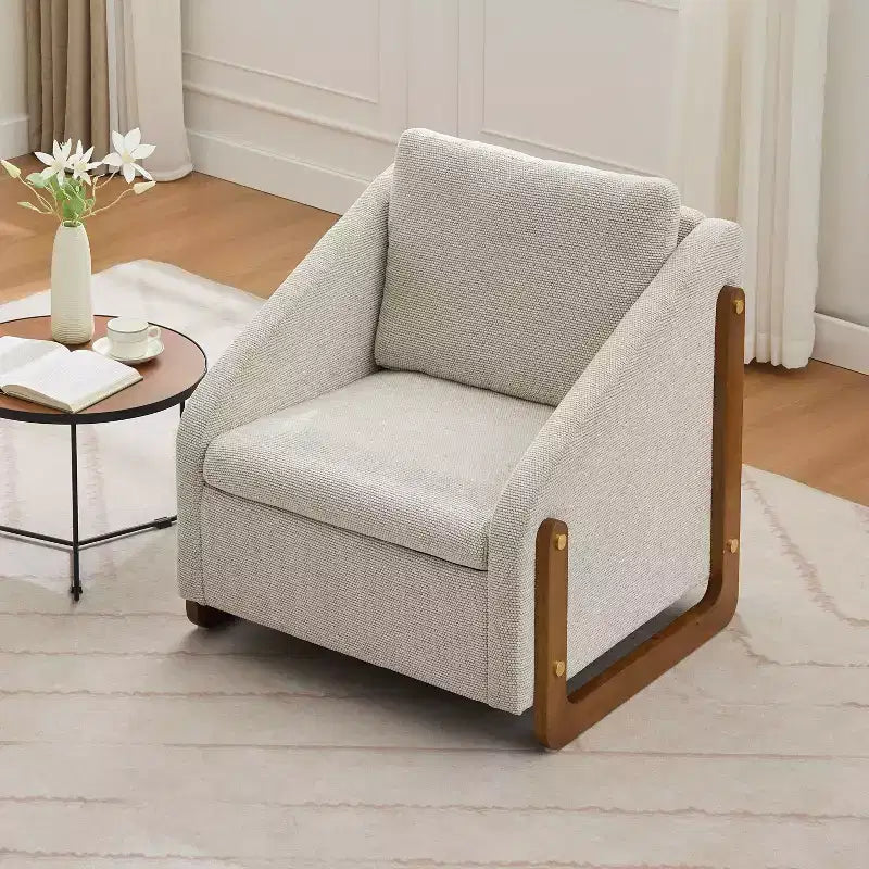 MAYEERTY Chenille Upholstered Armchair, Wooden Side Frame Cushioned Seat, Living Room Bedroom, Beige