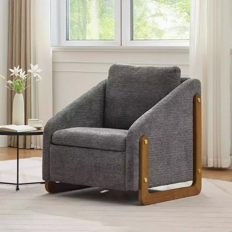 MAYEERTY Chenille Upholstered Armchair, Wooden Side Frame Cushioned Seat, Living Room Bedroom, Beige