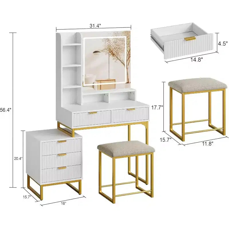 Makeup Vanity Desk with Mirror and Lights, Vanity Table Set with 3 Adjustable Lighting Colors, Dressing Table With 5 Large Drawers, White