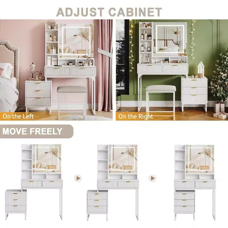 Makeup Vanity Desk with Mirror and Lights, Vanity Table Set with 3 Adjustable Lighting Colors, Dressing Table With 5 Large Drawers, White