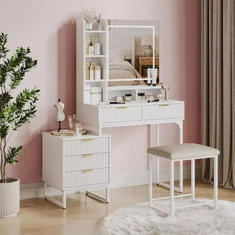 Makeup Vanity Desk with Mirror and Lights, Vanity Table Set with 3 Adjustable Lighting Colors, Dressing Table With 5 Large Drawers, White