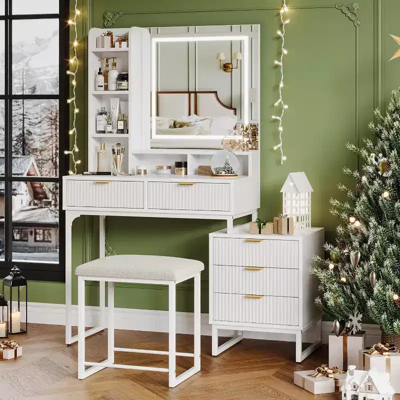 Makeup Vanity Desk with Mirror and Lights, Vanity Table Set with 3 Adjustable Lighting Colors, Dressing Table With 5 Large Drawers, White