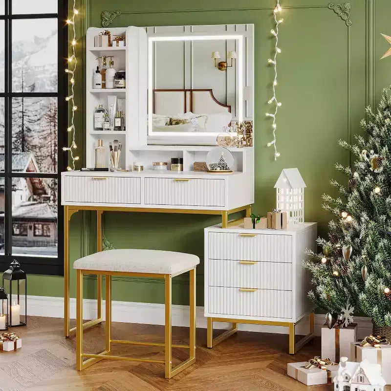 Makeup Vanity Desk with Mirror and Lights, Vanity Table Set with 3 Adjustable Lighting Colors, Dressing Table With 5 Large Drawers, White