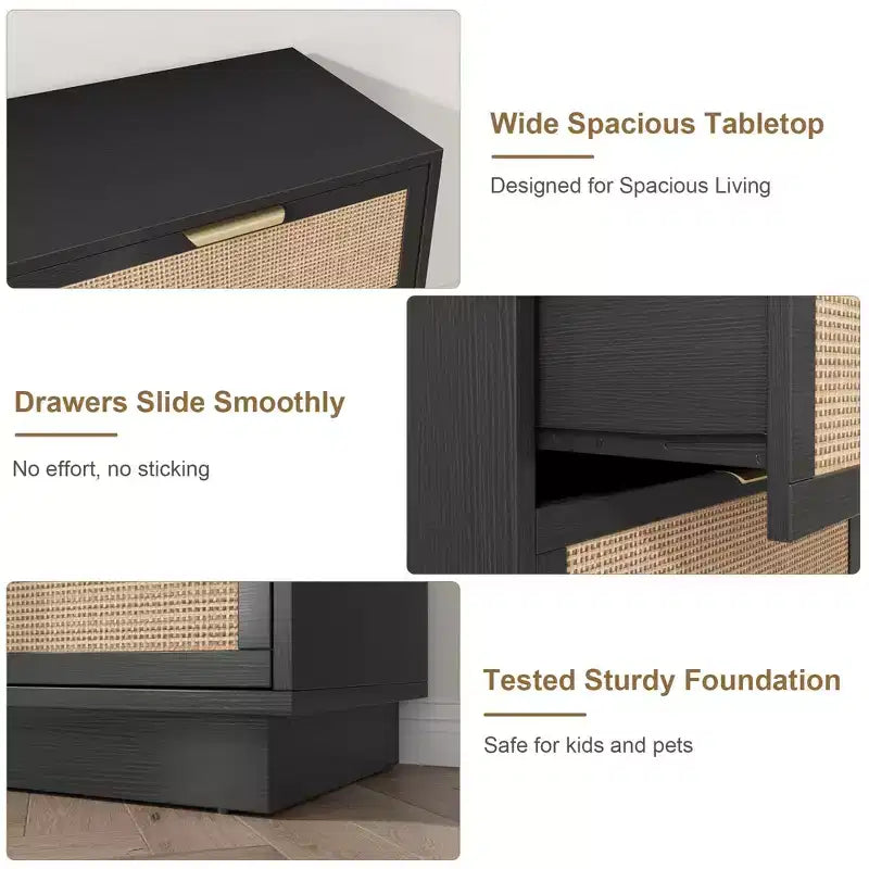 6 Drawer Rattan Dresser for Bedroom, Integrated Cabinet Body & Legs Design, Wooden Chest of Drawers for Hallways, Entryways and Closet, Easy Assembly