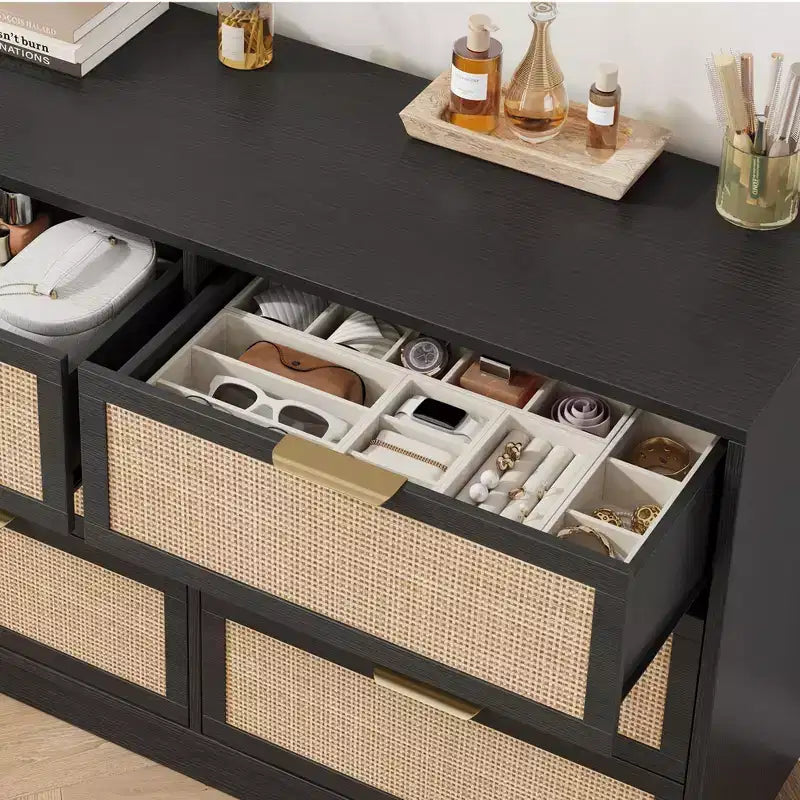 6 Drawer Rattan Dresser for Bedroom, Integrated Cabinet Body & Legs Design, Wooden Chest of Drawers for Hallways, Entryways and Closet, Easy Assembly