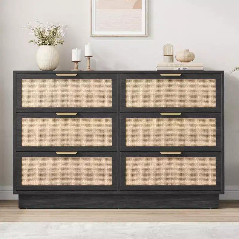 6 Drawer Rattan Dresser for Bedroom, Integrated Cabinet Body & Legs Design, Wooden Chest of Drawers for Hallways, Entryways and Closet, Easy Assembly