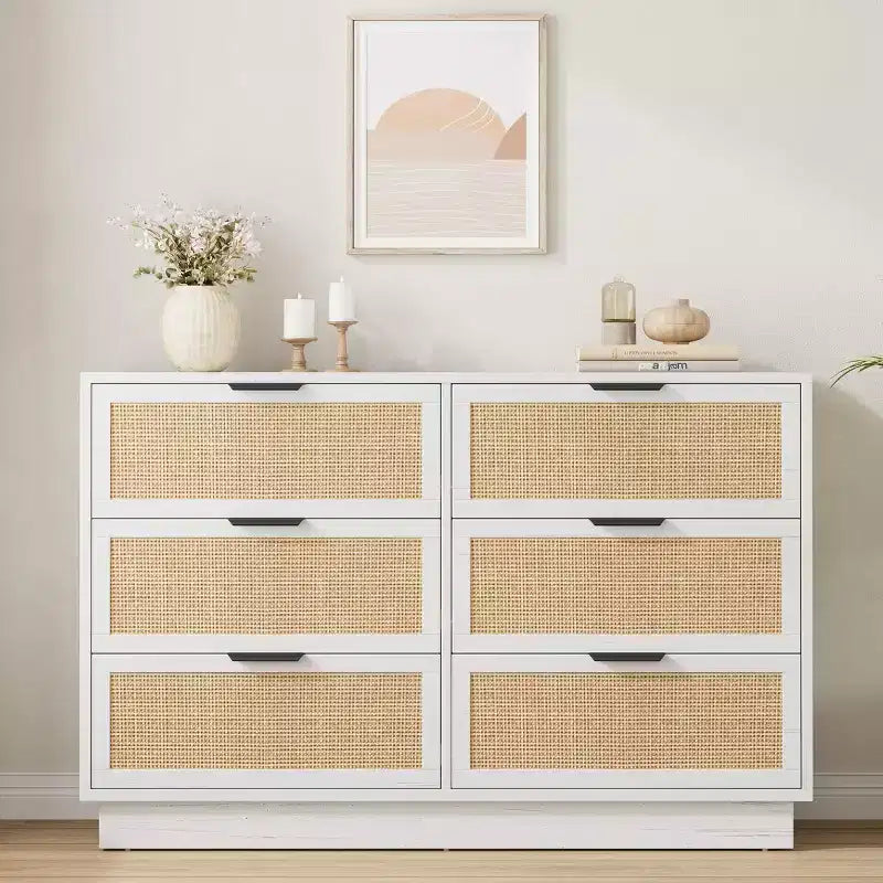 6 Drawer Rattan Dresser for Bedroom, Integrated Cabinet Body & Legs Design, Wooden Chest of Drawers for Hallways, Entryways and Closet, Easy Assembly