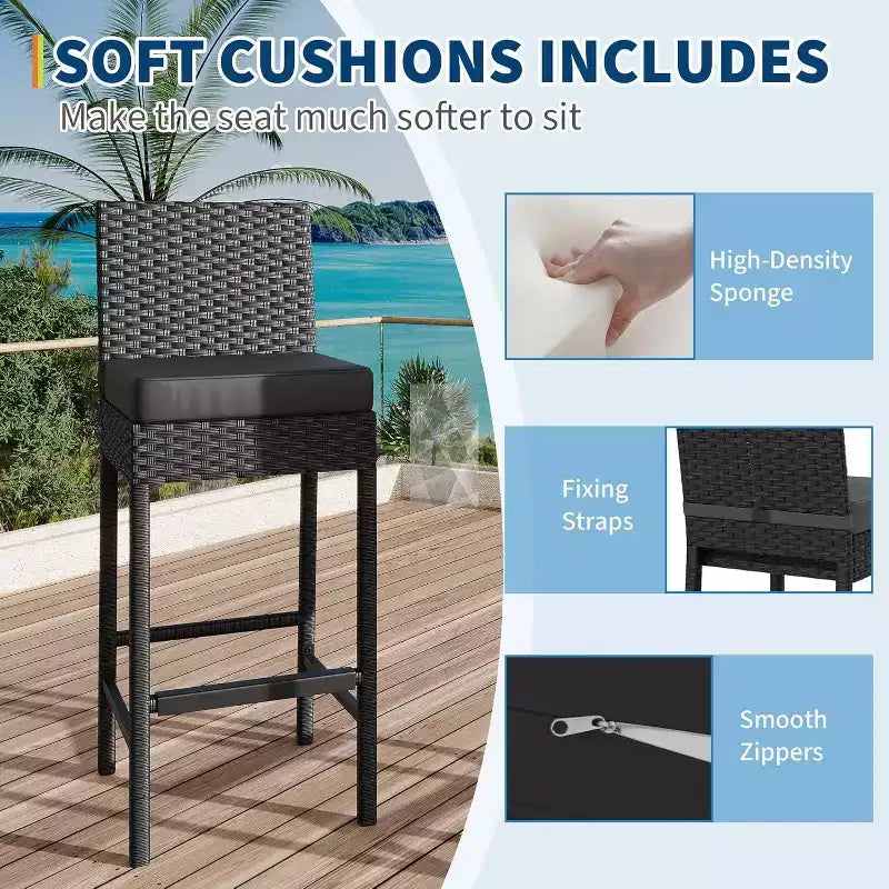 Outdoor Wicker Bar Stools Set of 2, Armless Outdoor Rattan Barstools with Cushions, for Backyard, Poolside