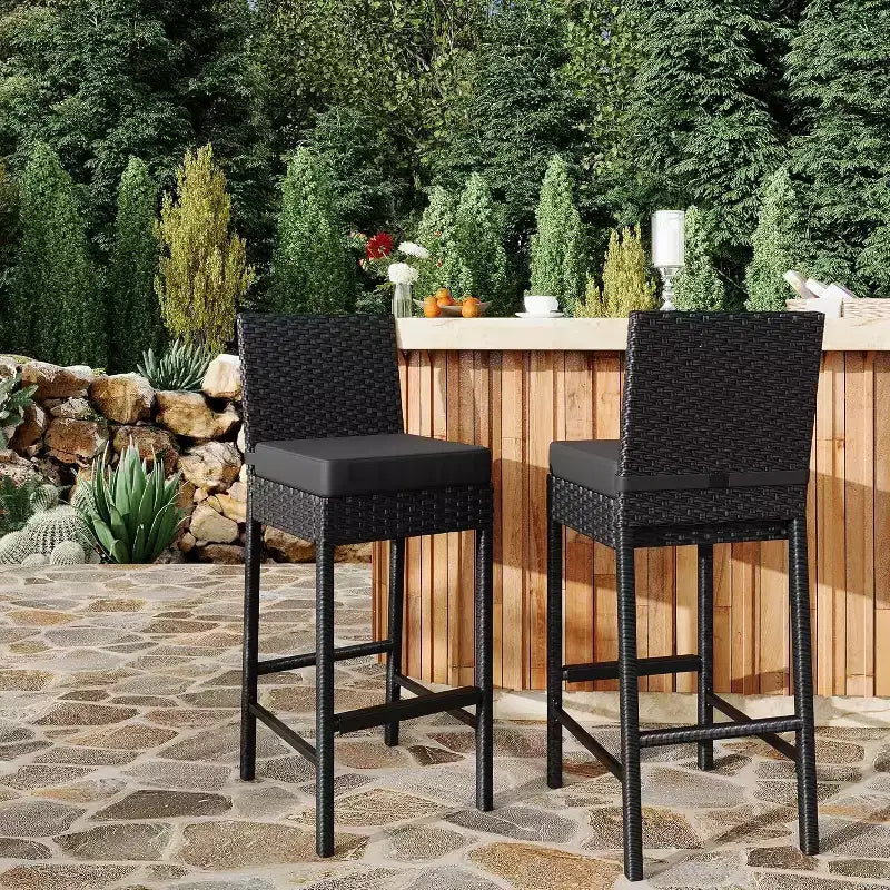Outdoor Wicker Bar Stools Set of 2, Armless Outdoor Rattan Barstools with Cushions, for Backyard, Poolside