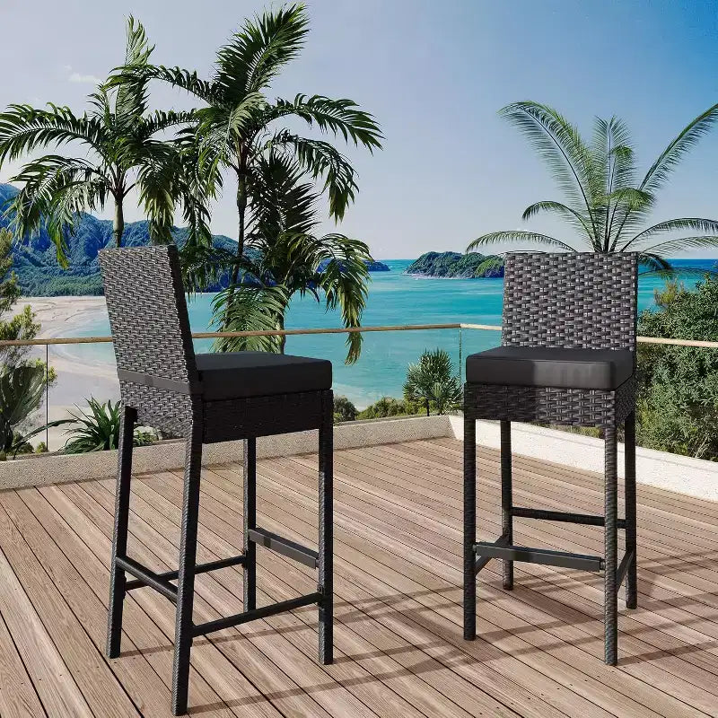Outdoor Wicker Bar Stools Set of 2, Armless Outdoor Rattan Barstools with Cushions, for Backyard, Poolside