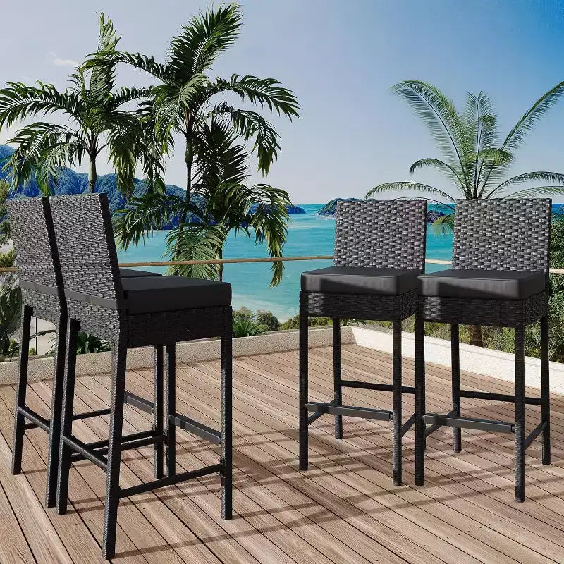 Outdoor Wicker Bar Stools Set of 2, Armless Outdoor Rattan Barstools with Cushions, for Backyard, Poolside