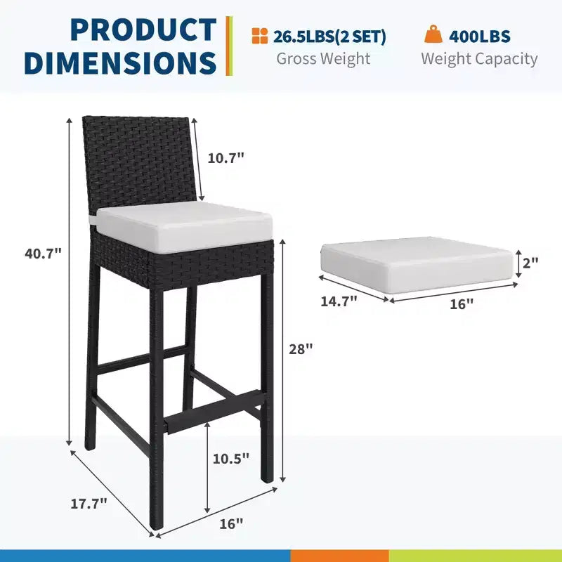 Outdoor Wicker Bar Stools Set of 2, Armless Outdoor Rattan Barstools with Cushions, for Backyard, Poolside