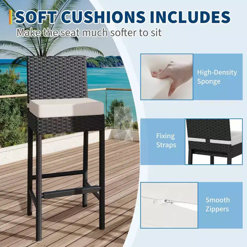 Outdoor Wicker Bar Stools Set of 2, Armless Outdoor Rattan Barstools with Cushions, for Backyard, Poolside