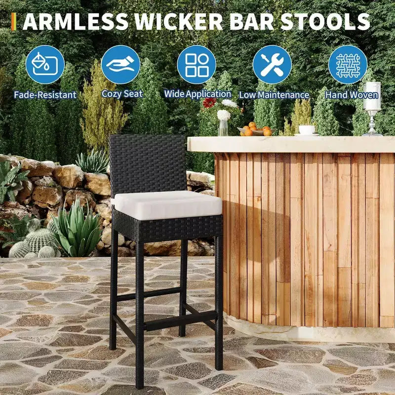 Outdoor Wicker Bar Stools Set of 2, Armless Outdoor Rattan Barstools with Cushions, for Backyard, Poolside