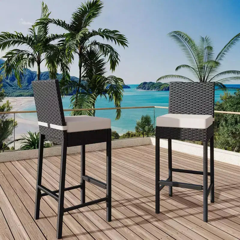 Outdoor Wicker Bar Stools Set of 2, Armless Outdoor Rattan Barstools with Cushions, for Backyard, Poolside