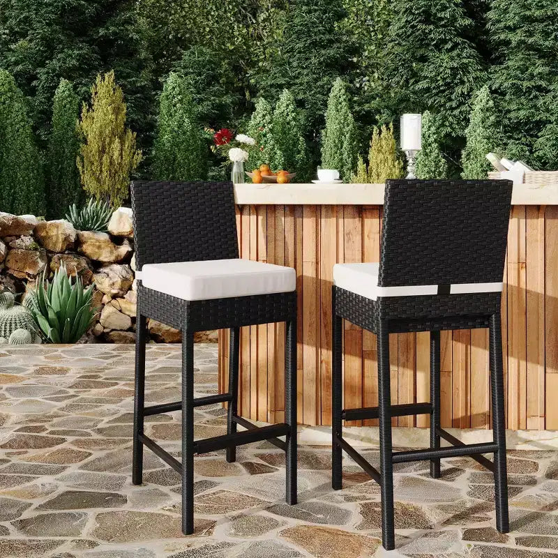 Outdoor Wicker Bar Stools Set of 2, Armless Outdoor Rattan Barstools with Cushions, for Backyard, Poolside
