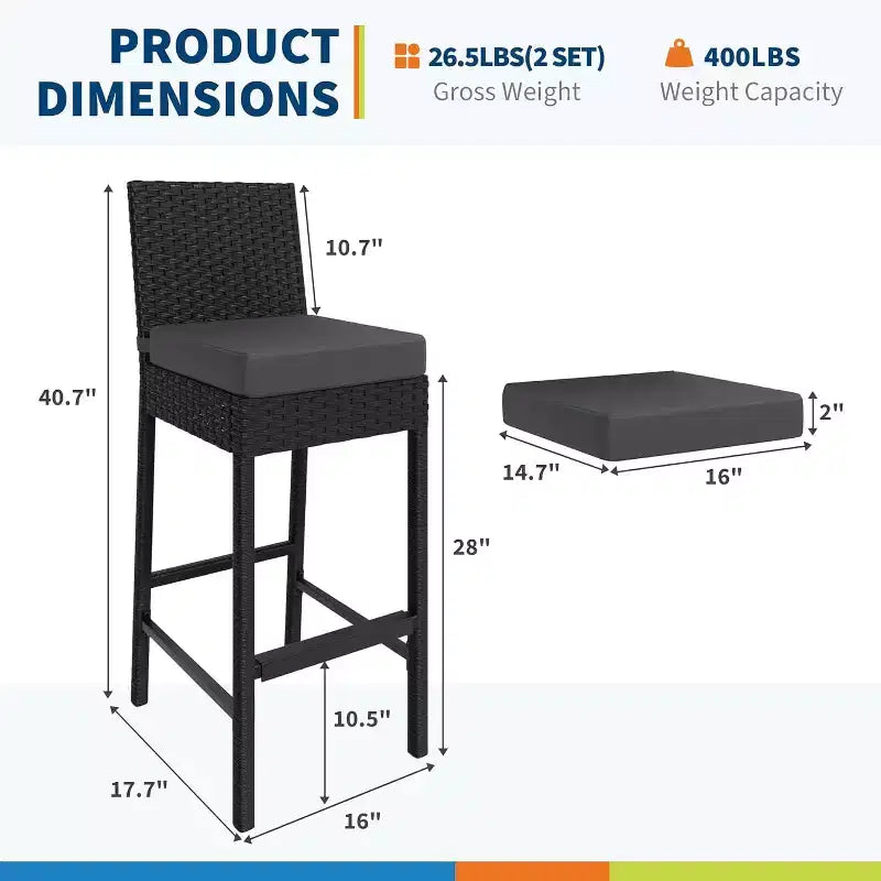 Outdoor Wicker Bar Stools Set of 2, Armless Outdoor Rattan Barstools with Cushions, for Backyard, Poolside