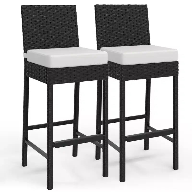 Outdoor Wicker Bar Stools Set of 2, Armless Outdoor Rattan Barstools with Cushions, for Backyard, Poolside