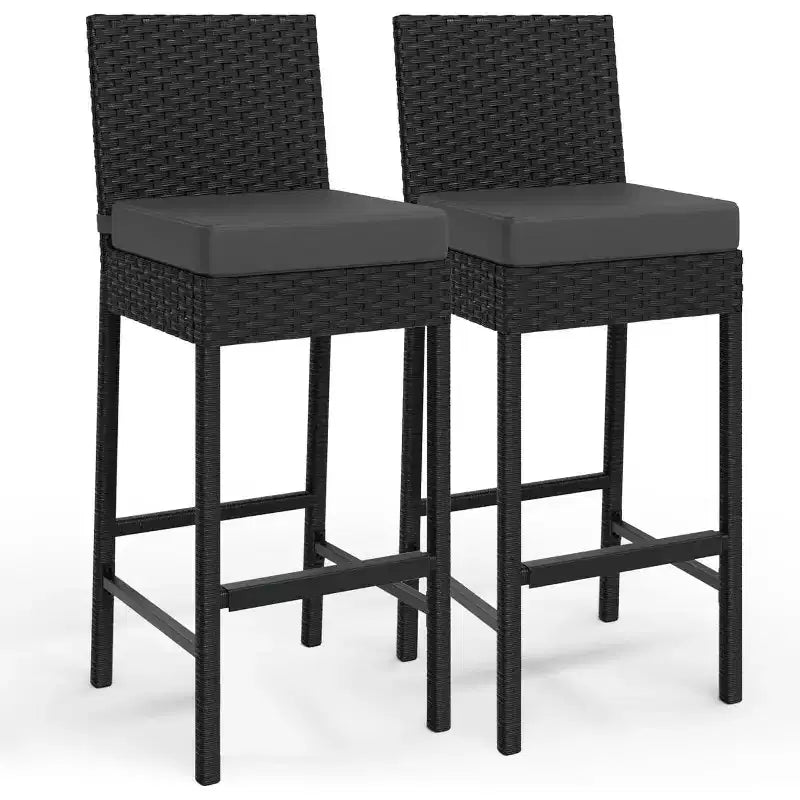 Outdoor Wicker Bar Stools Set of 2, Armless Outdoor Rattan Barstools with Cushions, for Backyard, Poolside