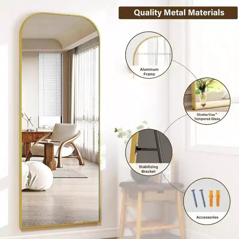 56x21 Inch Full Length Mirror for Bedroom Living Room Cloakroom Aluminum Frame Gold Arched Top Sturdy Freestanding Wall Mountable