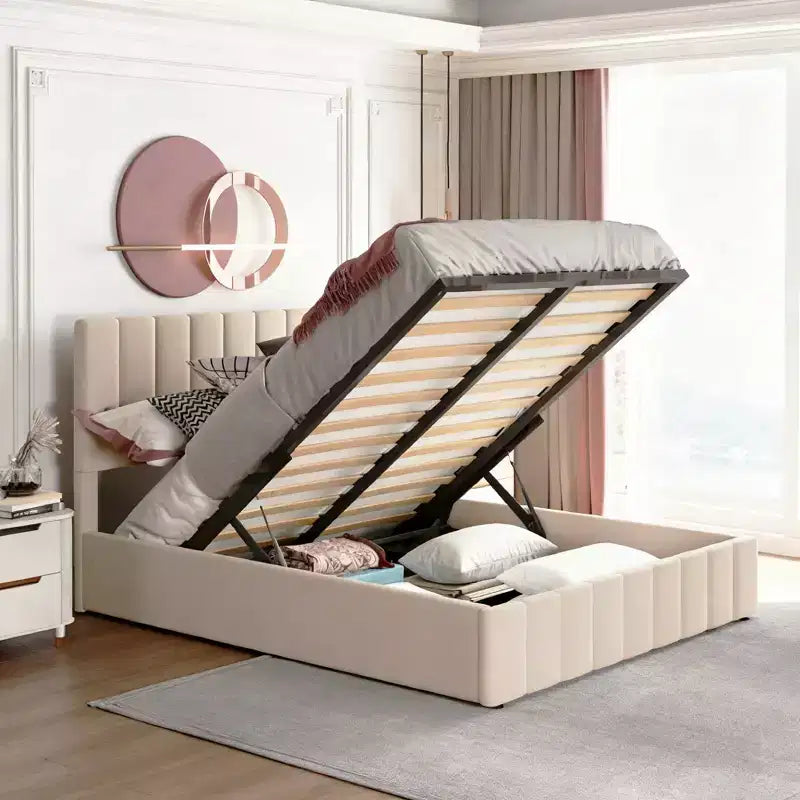 Luxystar Queen Size Upholstered Platform Bed with Hydraulic Lift and Storage