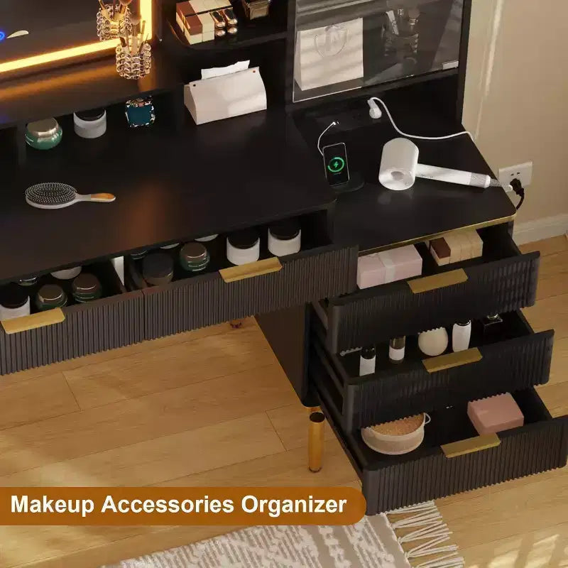 Modern Makeup Vanity Desk with Lighted Mirror, 5 Drawers, Power Outlet & USB Ports, Fluted Dressing Table with Storage Shelf for Women Girls