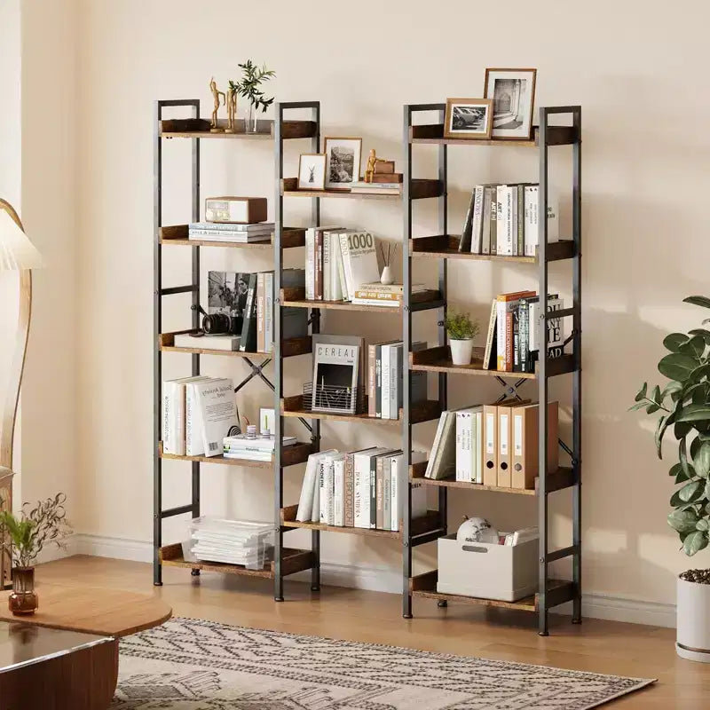 GustoWave Triple 5-Tier Bookshelf, 14-Shelf Industrial Bookcase with Divisible Design, 55lb per Shelf, for Home Office, Brown