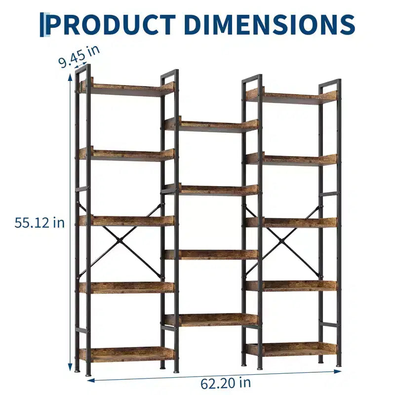 GustoWave Triple 5-Tier Bookshelf, 14-Shelf Industrial Bookcase with Divisible Design, 55lb per Shelf, for Home Office, Brown
