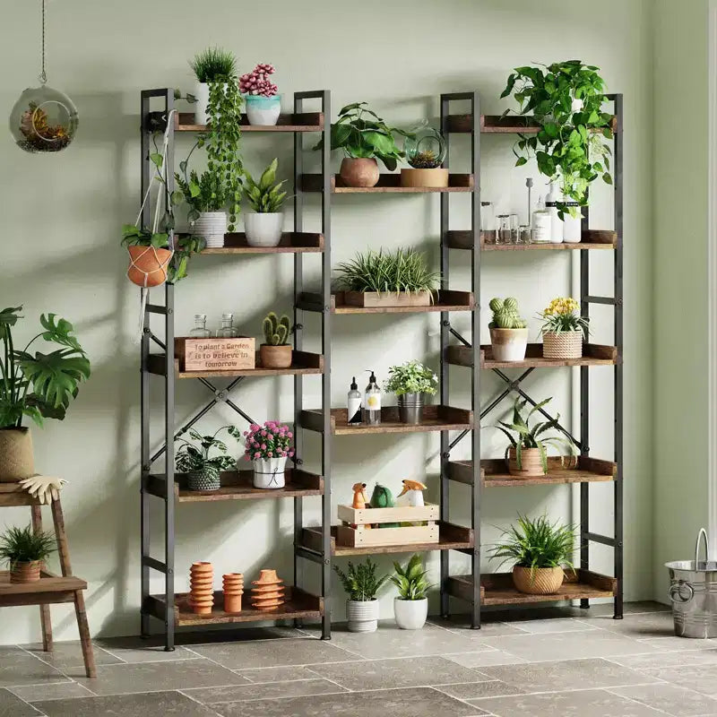 GustoWave Triple 5-Tier Bookshelf, 14-Shelf Industrial Bookcase with Divisible Design, 55lb per Shelf, for Home Office, Brown