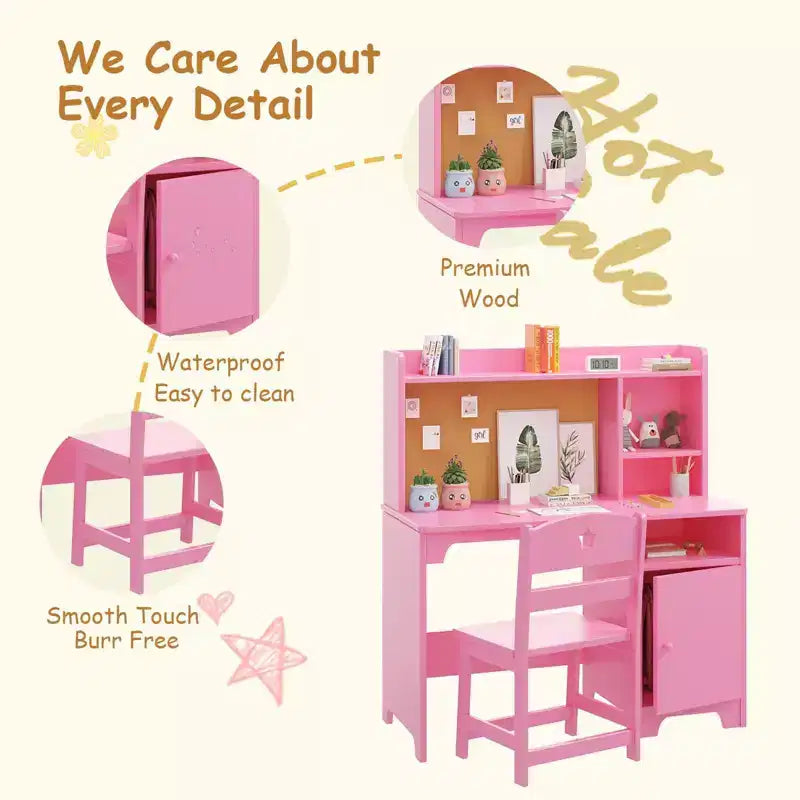 Kids Study Desk & Chair Set, Ergonomic Children's Learning Table with Bookshelf and Organizer, Engineered Wood, Gift for Boys Girls Ages 3-8, Pink