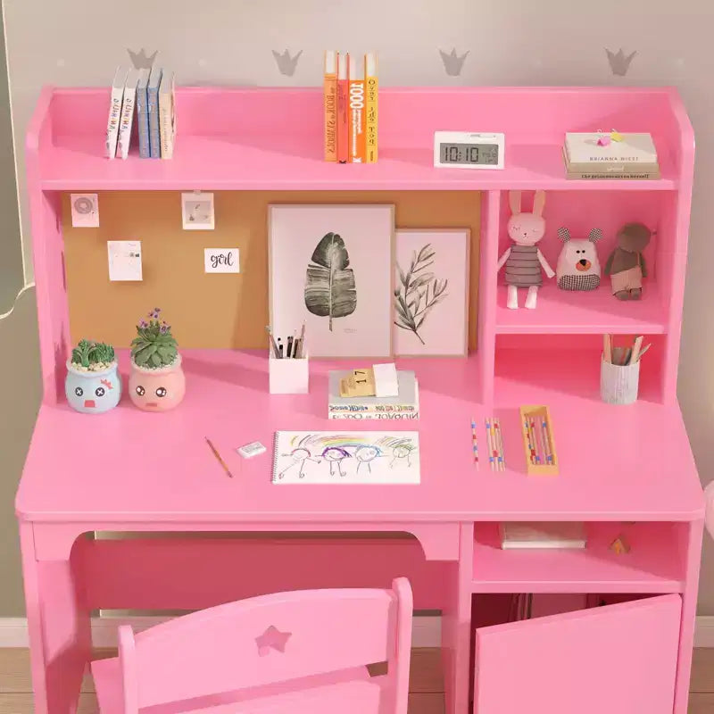 Kids Study Desk & Chair Set, Ergonomic Children's Learning Table with Bookshelf and Organizer, Engineered Wood, Gift for Boys Girls Ages 3-8, Pink