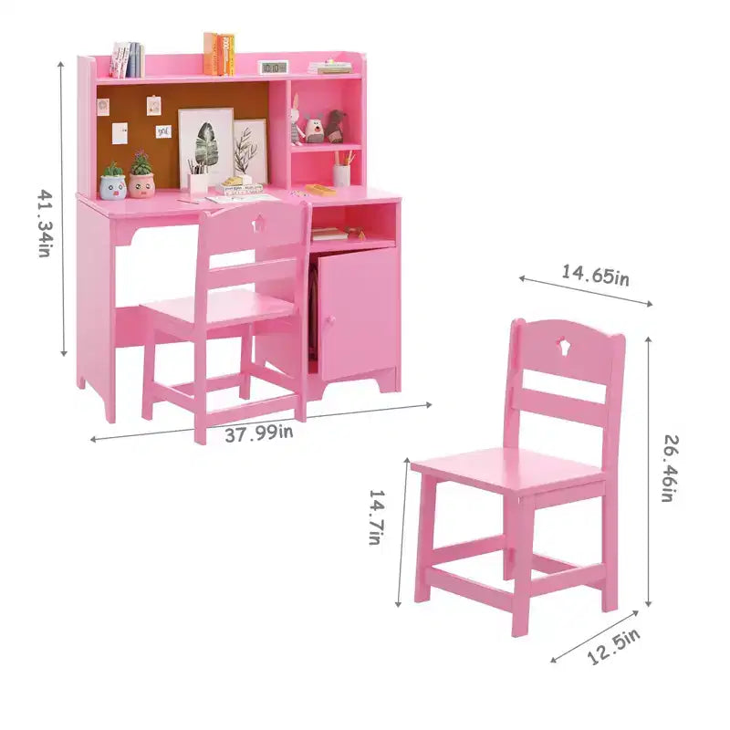 Kids Study Desk & Chair Set, Ergonomic Children's Learning Table with Bookshelf and Organizer, Engineered Wood, Gift for Boys Girls Ages 3-8, Pink