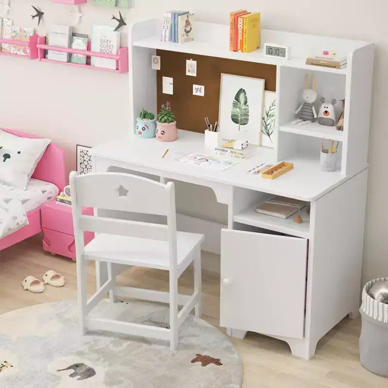 Kids Study Desk & Chair Set, Ergonomic Children's Learning Table with Bookshelf and Organizer, Engineered Wood, Gift for Boys Girls Ages 3-8, Pink