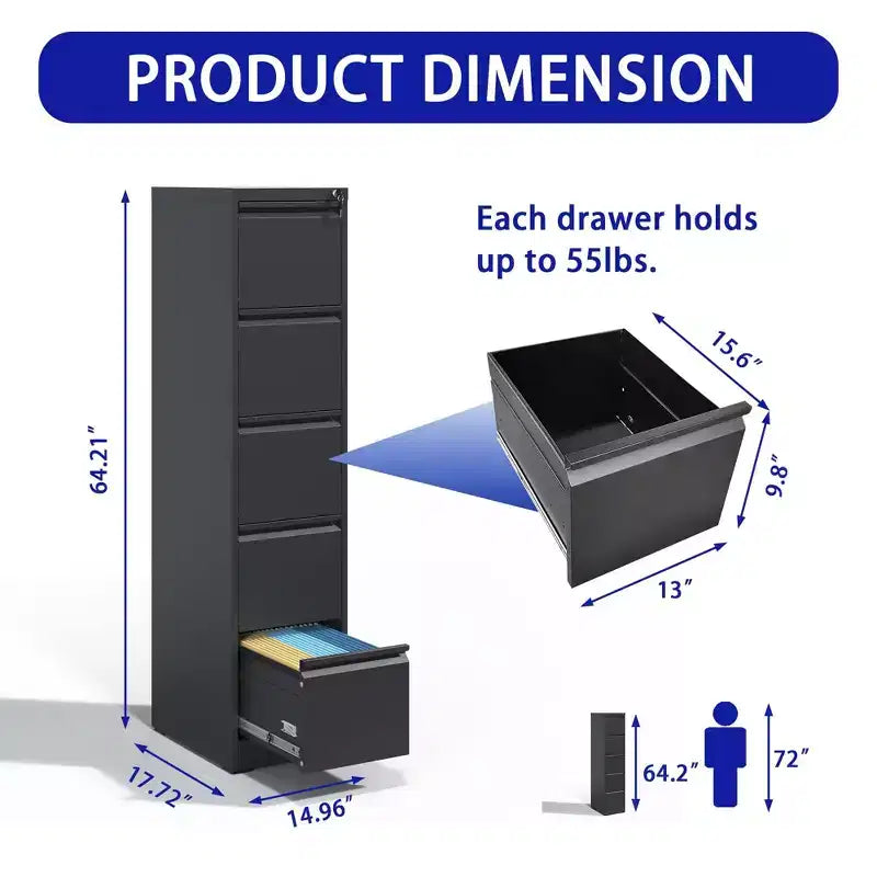 5 Drawer Vertical File Cabinet with Lock, Metal Locking Filing Cabinet for Home Office, File Storage Cabinet for A4/Letter/Legal Size File