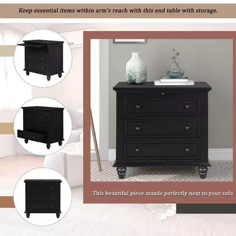 Bedside Table With 3 Drawers, Solid Wood Legs, Pull Out Tray Pine Wood Night Stand, Modern Side End Table Cabinet