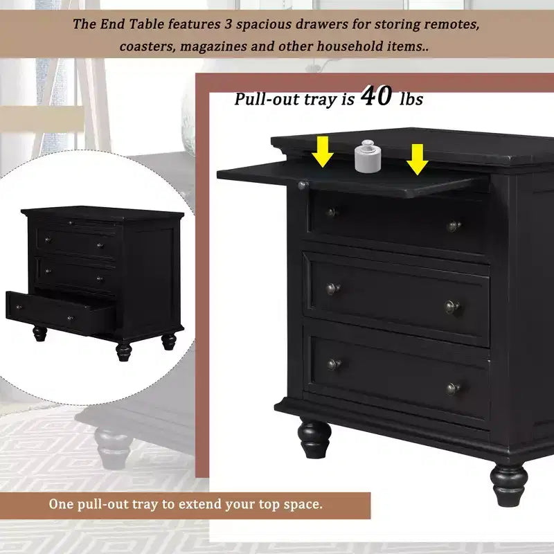 Bedside Table With 3 Drawers, Solid Wood Legs, Pull Out Tray Pine Wood Night Stand, Modern Side End Table Cabinet