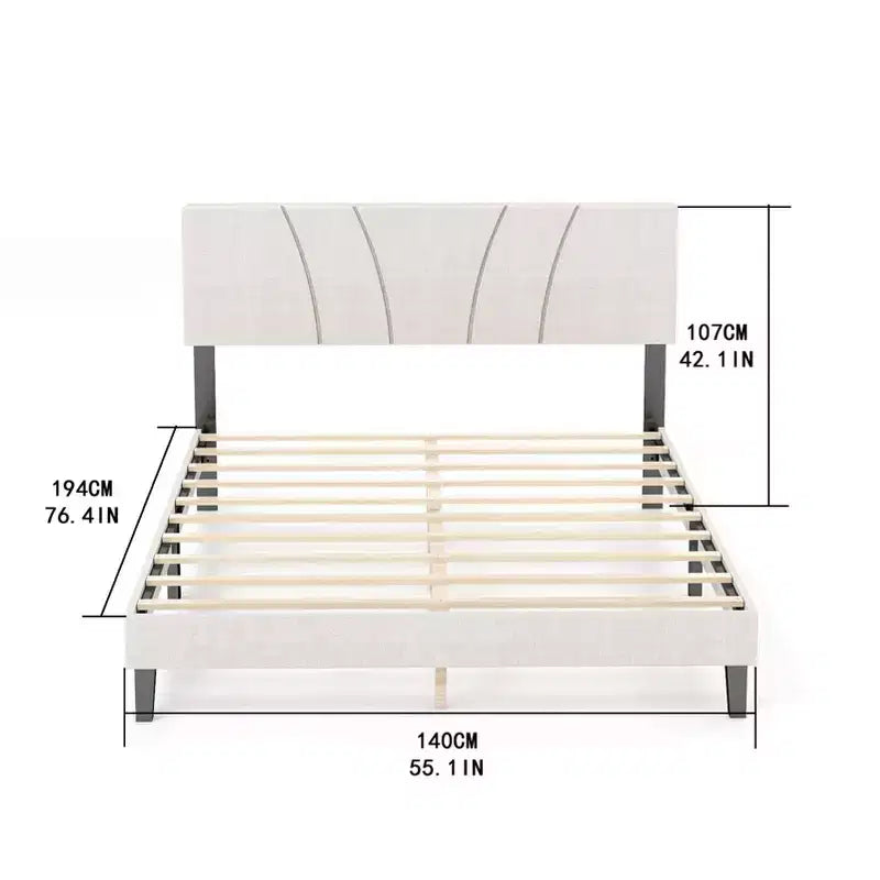 AEELLEEA Bed Frame with Linen Headboard and Metal Legs Solid Wood Slats Mattress Platform for Bedroom Beige