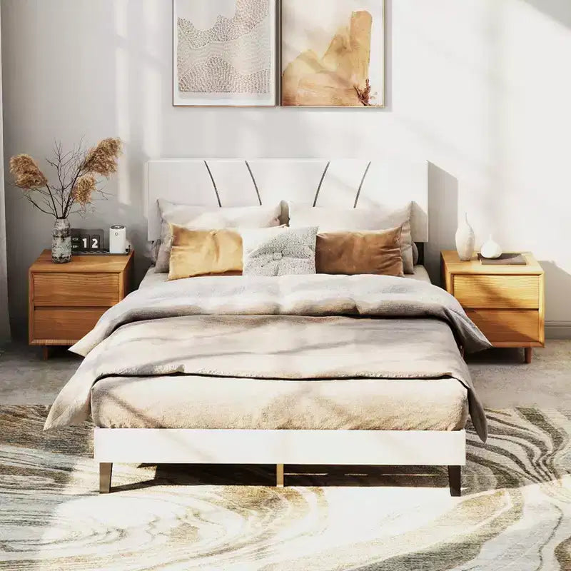 AEELLEEA Bed Frame with Linen Headboard and Metal Legs Solid Wood Slats Mattress Platform for Bedroom Beige