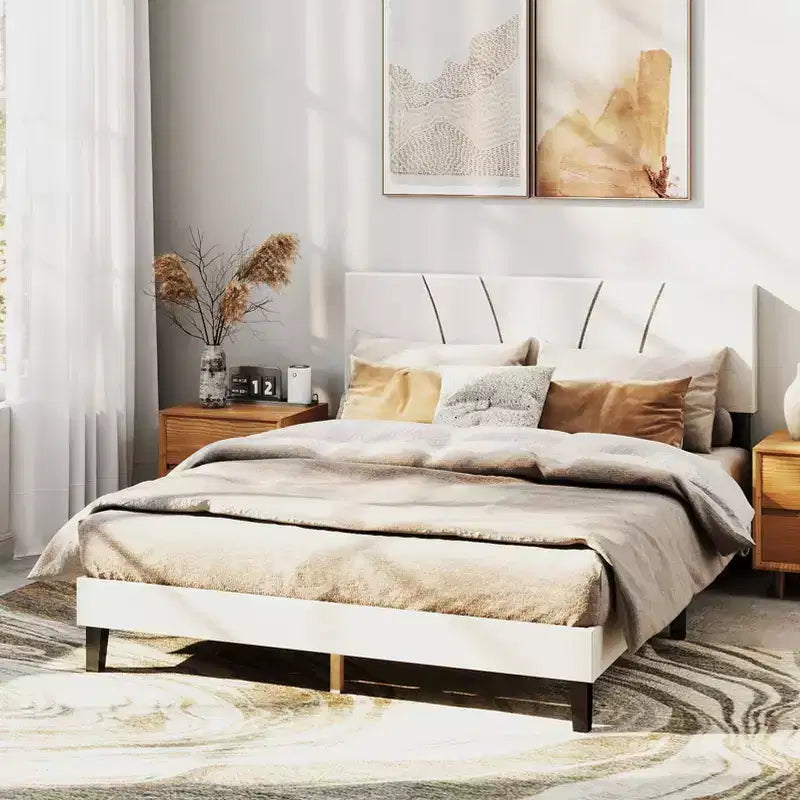 AEELLEEA Bed Frame with Linen Headboard and Metal Legs Solid Wood Slats Mattress Platform for Bedroom Beige
