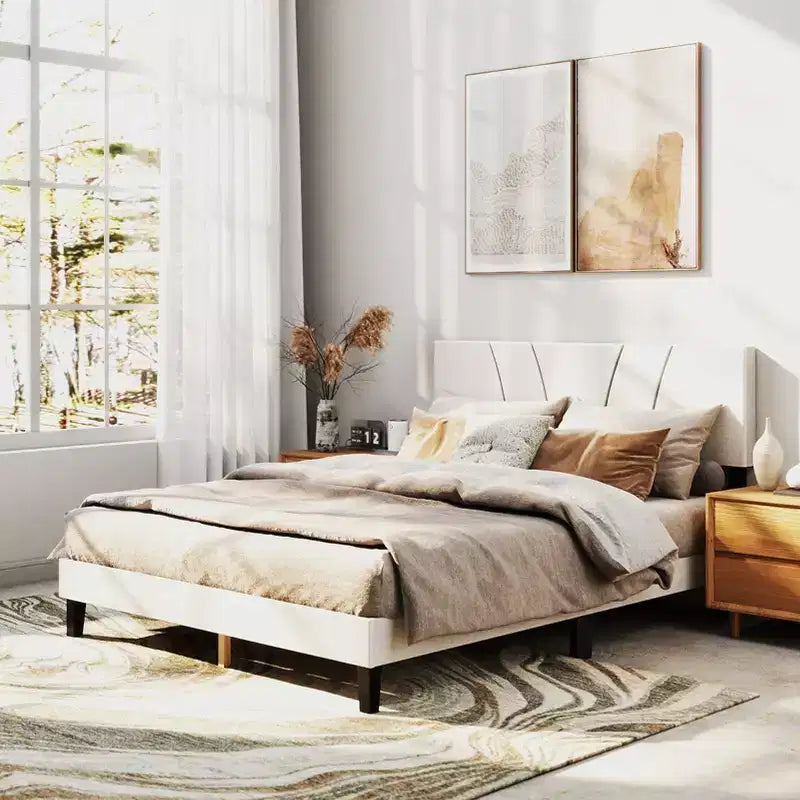 AEELLEEA Bed Frame with Linen Headboard and Metal Legs Solid Wood Slats Mattress Platform for Bedroom Beige