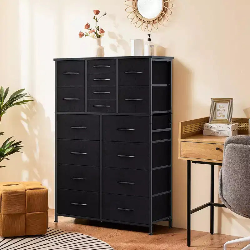 TUYOHW Tall Storage Dresser with 16 Drawers,Wooden Top Sturdy Steel Chest of Drawers for Closets and Bedroom,3-Sized Drawers,35lbs Capacity