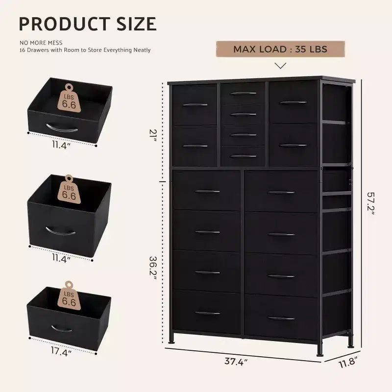 TUYOHW Tall Storage Dresser with 16 Drawers,Wooden Top Sturdy Steel Chest of Drawers for Closets and Bedroom,3-Sized Drawers,35lbs Capacity