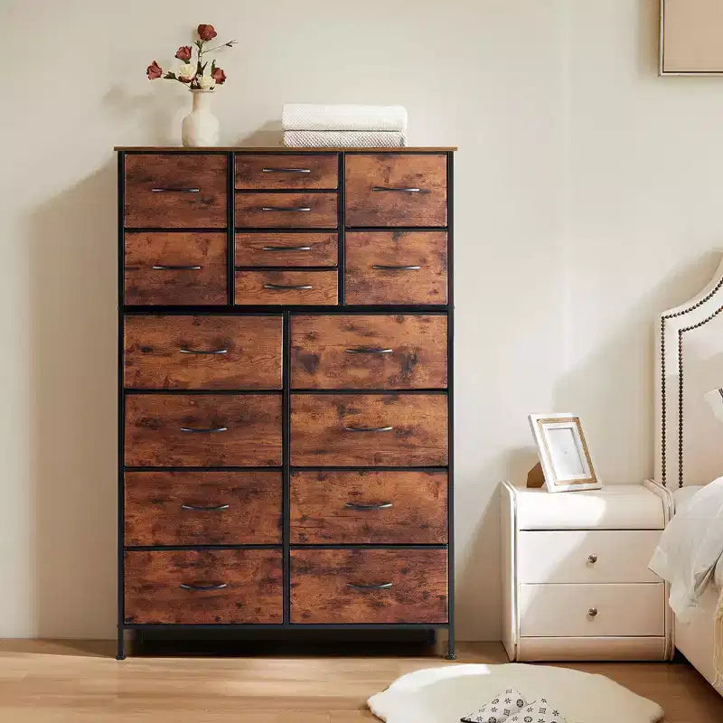 TUYOHW Tall Storage Dresser with 16 Drawers,Wooden Top Sturdy Steel Chest of Drawers for Closets and Bedroom,3-Sized Drawers,35lbs Capacity